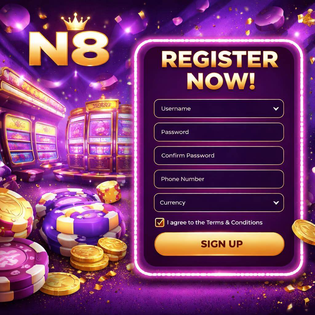 N8 account access page for an online casino platform offering slots table games live casino and arcade style titles